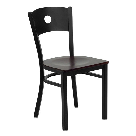 HERCULES Series Black Circle Back Metal Restaurant Chair - Mahogany Wood Seat XU-DG-60119-CIR-MAHW-GG