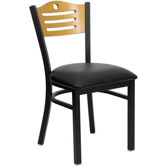 HERCULES Series Black Slat Back Metal Restaurant Chair - Natural Wood Back, Black Vinyl Seat XU-DG-6G7B-SLAT-BLKV-GG