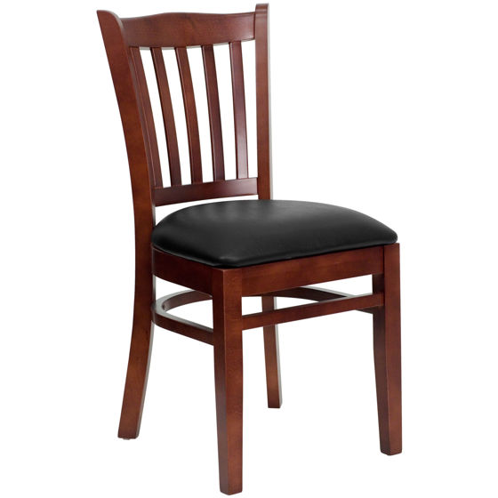 HERCULES Series Vertical Slat Back Mahogany Wood Restaurant Chair - Black Vinyl Seat XU-DGW0008VRT-MAH-BLKV-GG