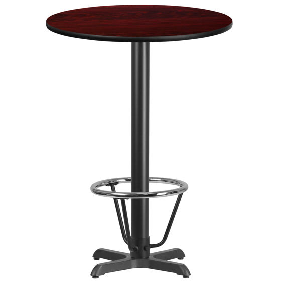 30'' Round Mahogany Laminate Table Top with 22'' x 22'' Bar Height Table Base and Foot Ring XU-RD-30-MAHTB-T2222B-3CFR-GG