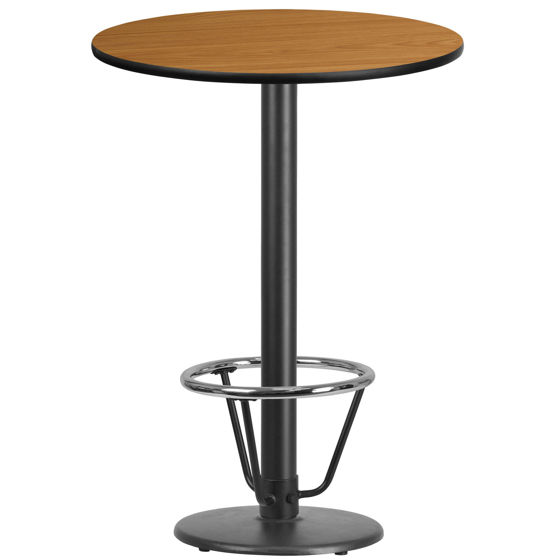 30'' Round Natural Laminate Table Top with 18'' Round Bar Height Table Base and Foot Ring XU-RD-30-NATTB-TR18B-3CFR-GG
