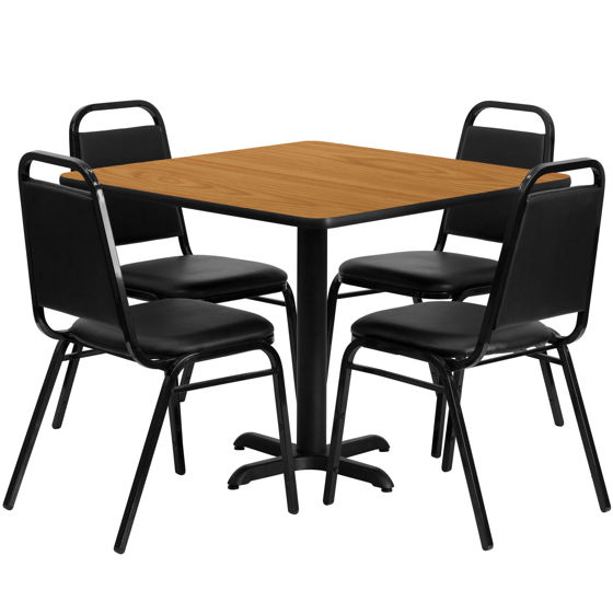 36'' Square Natural Laminate Table Set with X-Base and 4 Black Trapezoidal Back Banquet Chairs HDBF1011-GG