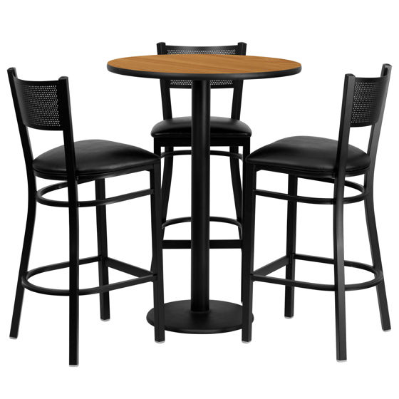30'' Round Natural Laminate Table Set with 3 Grid Back Metal Barstools - Black Vinyl Seat MD-0016-GG
