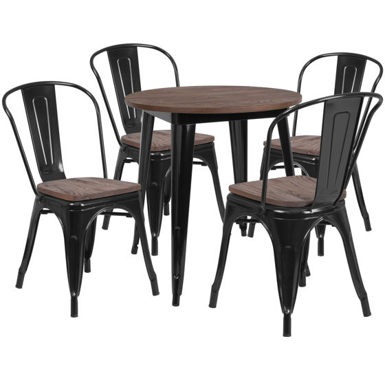 26" Round Black Metal Table Set with Wood Top and 4 Stack Chairs CH-WD-TBCH-24-GG